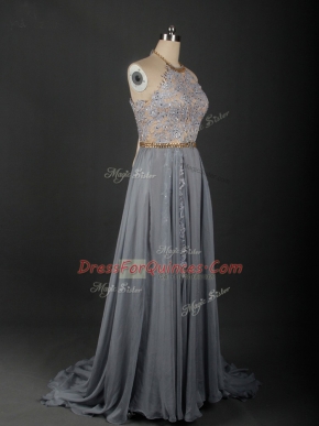 Extravagant Sleeveless Brush Train Lace Up Beading and Appliques Prom Gown
