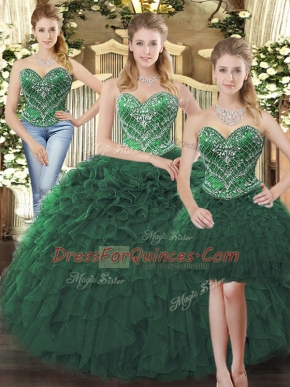 Flare Floor Length Dark Green Quinceanera Dresses Tulle Sleeveless Beading and Ruffles