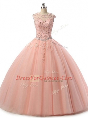 Customized Peach Ball Gowns Tulle Scoop Sleeveless Beading and Lace Floor Length Lace Up Sweet 16 Dress