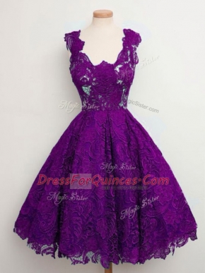 Top Selling Purple A-line Lace Dama Dress for Quinceanera Lace Up Lace Sleeveless Knee Length