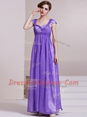Low Price Cap Sleeves Chiffon Ankle Length Side Zipper Prom Gown in Lavender with Sequins and Ruching