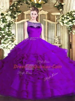 Best Eggplant Purple Zipper Vestidos de Quinceanera Beading and Ruffled Layers Sleeveless Floor Length
