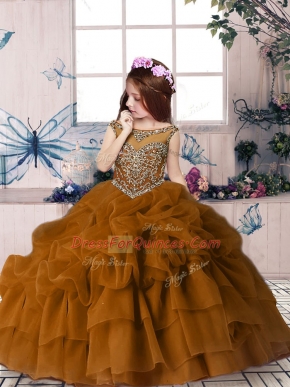 Dramatic Brown Ball Gowns Beading and Pick Ups Kids Pageant Dress Zipper Organza Sleeveless Floor Length