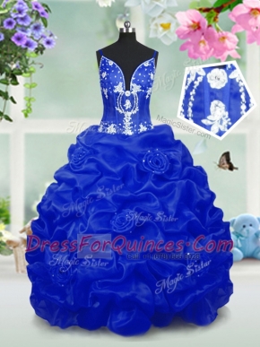 Royal Blue Sleeveless Floor Length Beading and Pick Ups Lace Up Flower Girl Dresses