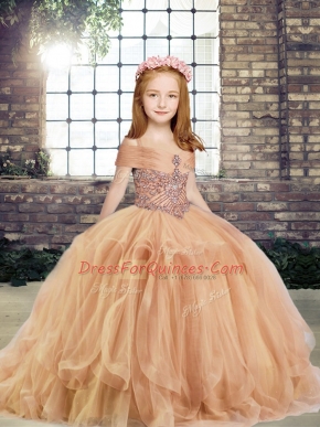 Pretty Champagne Lace Up Straps Beading Custom Made Pageant Dress Tulle Sleeveless