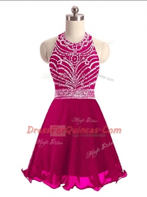 Custom Design Mini Length Hot Pink Prom Party Dress Halter Top Sleeveless Lace Up