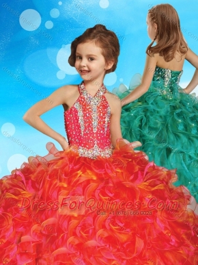 Popular Halter Top Mini Quinceanera Dress with Beading and Ruffles