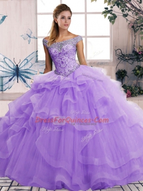 Nice Lavender Ball Gowns Beading and Ruffles Quince Ball Gowns Lace Up Tulle Sleeveless Floor Length