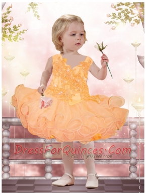 2015 Elegant A-Line Straps Little Girl Dresses with Appliques Beading Bowknot in Orange
