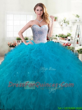 Inexpensive Beaded and Ruffled Big Puffy Quinceanera Dress in Teal