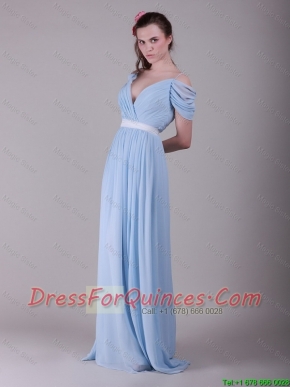 Exclusive Spaghetti Straps Light Blue Prom Dresses with Ruching and Belt