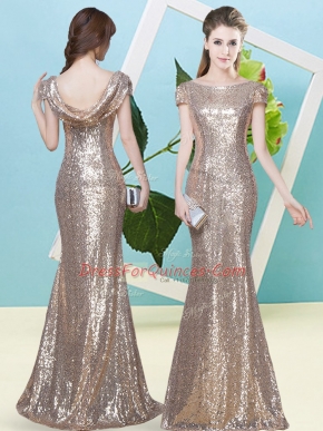 Champagne Mermaid Sequins Evening Dress Zipper Sequined Cap Sleeves Floor Length