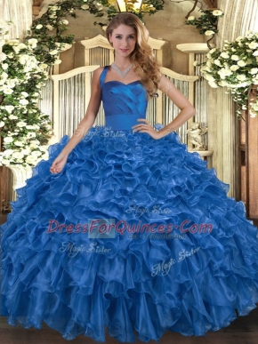 Enchanting Halter Top Sleeveless Lace Up Quinceanera Gowns Blue Organza