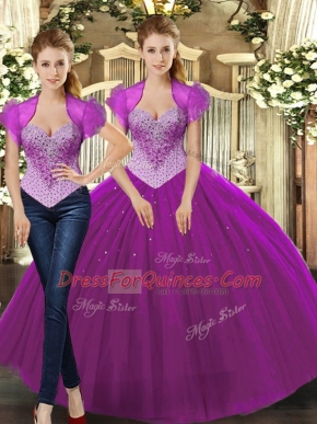 Chic Straps Sleeveless 15 Quinceanera Dress Floor Length Beading Fuchsia Tulle