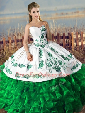 Custom Made Dark Green Ball Gowns Satin and Organza Sweetheart Embroidery and Ruffles Lace Up Quinceanera Gowns