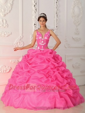 Ball Gown Satin and Organza Hot Pink Appliques Pick-ups Straps Best Quinceanera Dresses
