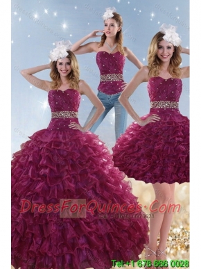 Cheap Exquisite Burgundy Sweet 15 Dresses with Beading and Ruffles