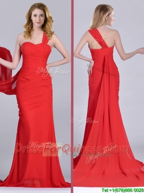 Column One Shoulder Watteau Train Coral Red Dama Dress with Side Zipper