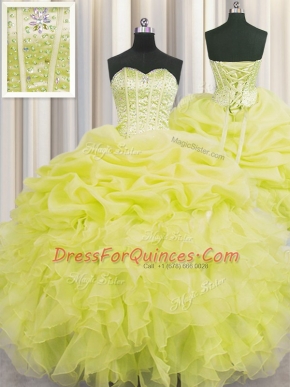 High Quality Visible Boning Floor Length Lace Up Quinceanera Gowns Yellow for Military Ball and Sweet 16 and Quinceanera with Beading and Ruffles and Pick Ups