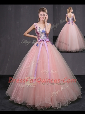 Floor Length Baby Pink Vestidos de Quinceanera Tulle Sleeveless Appliques and Belt