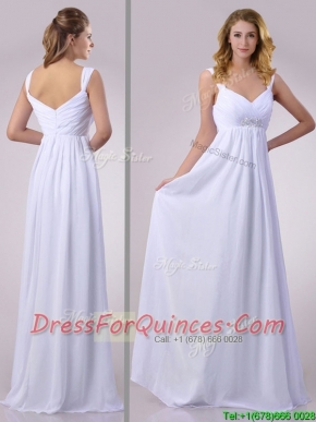 Hot Sale Empire Beaded White Chiffon Prom Dress with Straps