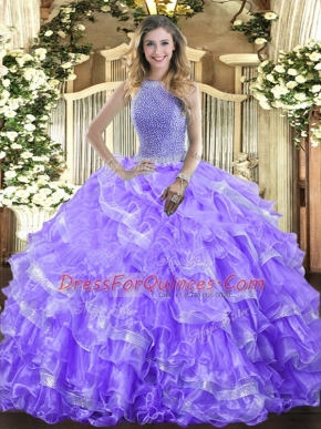 Sleeveless Organza Floor Length Lace Up Quinceanera Gown in Lavender with Beading and Ruffled Layers