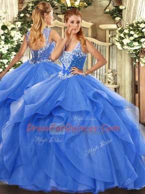Suitable Ball Gowns 15th Birthday Dress Blue Straps Tulle Sleeveless Floor Length Lace Up
