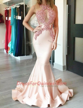 Mermaid Halter Top Appliques Homecoming Dress Peach Zipper Sleeveless With Brush Train