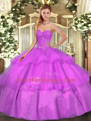 Captivating Sweetheart Sleeveless Vestidos de Quinceanera Floor Length Beading and Ruffled Layers Lilac Tulle