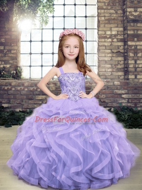 Lavender Ball Gowns Straps Sleeveless Tulle Floor Length Lace Up Beading and Ruffles Child Pageant Dress