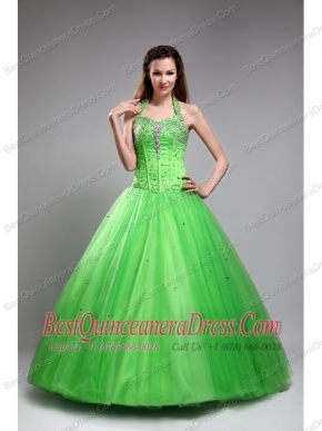 Green Ball Gown Halter Floor-length Tulle Beading  Quinceanera Dress