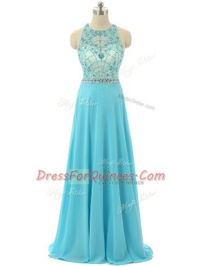 Aqua Blue Empire Beading Prom Dress Zipper Chiffon Sleeveless Floor Length