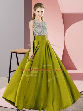 Hot Sale Elastic Woven Satin Scoop Sleeveless Backless Beading Prom Evening Gown in Olive Green