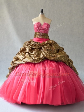 Organza V-neck Sleeveless Lace Up Beading and Pick Ups Ball Gown Prom Dress in Coral Red