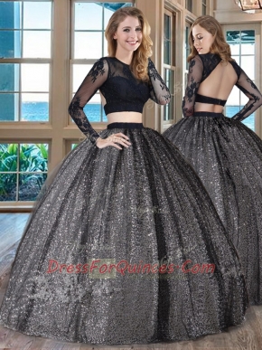 Scoop Black Tulle Backless Vestidos de Quinceanera Long Sleeves Floor Length Appliques