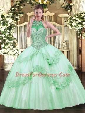 Sleeveless Tulle Floor Length Lace Up Quinceanera Dresses in Apple Green with Beading and Appliques