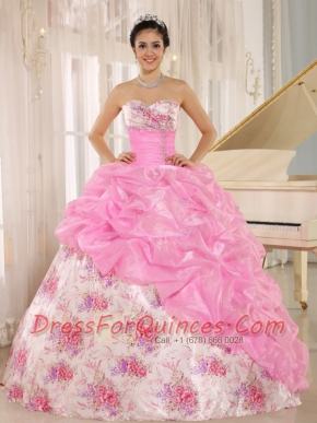 Sleeveless Multi-color Printing Sweetheart Beaded and Pick-ups Taffeta Quinceanera Dress