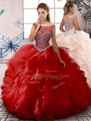 Sexy Red Zipper Scoop Beading and Ruffles Quinceanera Dresses Organza Sleeveless