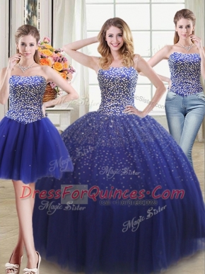 Three Piece Royal Blue Quinceanera Gowns Military Ball and Sweet 16 and Quinceanera and For with Beading Sweetheart Sleeveless Lace Up