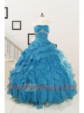 2015 Elegant Strapless Blue Quinceanera Dresses with Beading and Ruffles