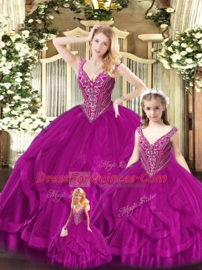 Perfect Fuchsia Lace Up Straps Beading and Ruffles Sweet 16 Quinceanera Dress Tulle Sleeveless