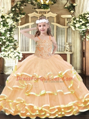 Straps Sleeveless Lace Up Little Girls Pageant Gowns Peach Organza