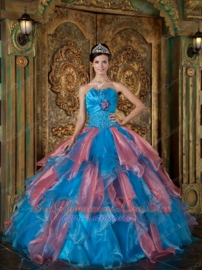 Turquoise and Peach Ruffles Strapless Organza Ball Gown Beading Quinceanera Dress