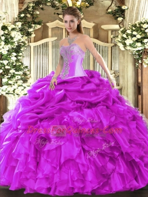 Custom Design Fuchsia Ball Gowns Beading and Ruffles and Pick Ups Vestidos de Quinceanera Lace Up Organza Sleeveless Floor Length