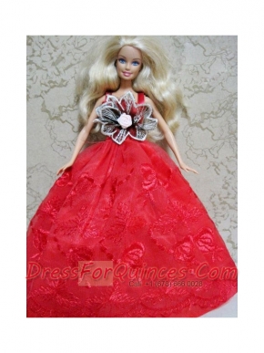 Red Embroidery Dress Handmade Gown for Barbie Doll