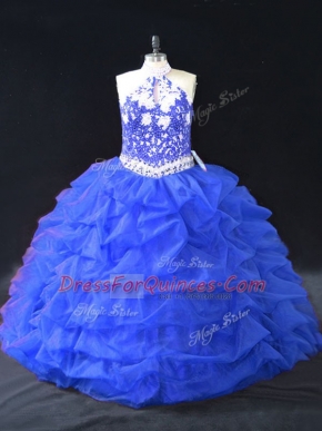 Fantastic Beading and Appliques 15th Birthday Dress Blue Backless Sleeveless Floor Length