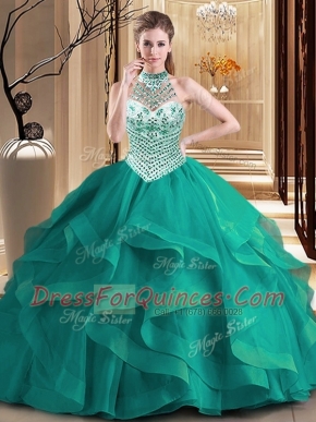 Dark Green Halter Top Neckline Beading and Ruffles Quinceanera Dress Sleeveless Lace Up