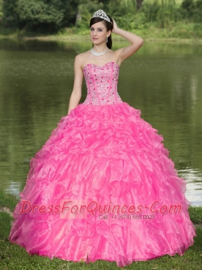 New Styles Hot Pink Quinceanera Dress Clearance With Sweetheart Beaded Ruffles Layered Decorate With Organza