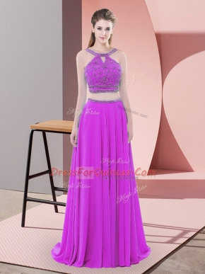 Fantastic Purple Sleeveless Sweep Train Beading Evening Dress