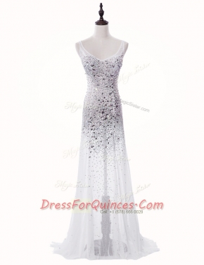 Scoop Sleeveless With Train Beading Zipper Homecoming Dress with White Sweep Train